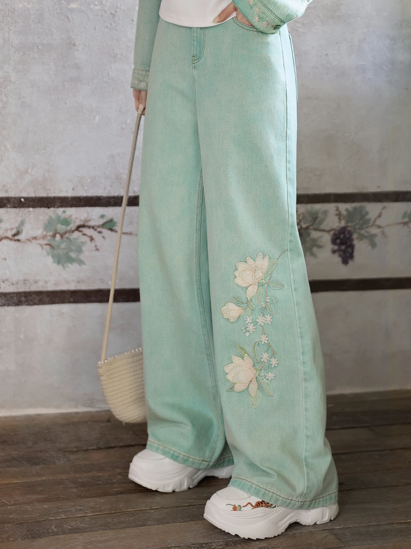 

Floral Embroidered Women's Jeans Straight Leg Waed l Waist Spring Faion Original Chinese Sle Floral Scented Aesth...