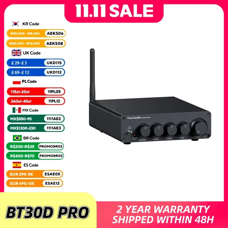 

Fosi Audio Bluetooth Sound Power Amplifier 2.1 Channel Amp Audio Reciver for Speaker Subwoofer 165Wx2 +350W BT30D PRO