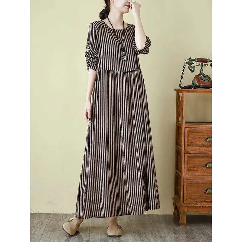 

Boho Striped Linen Maxi Dress Round Neck Long Sleeve Loose Casual Dress