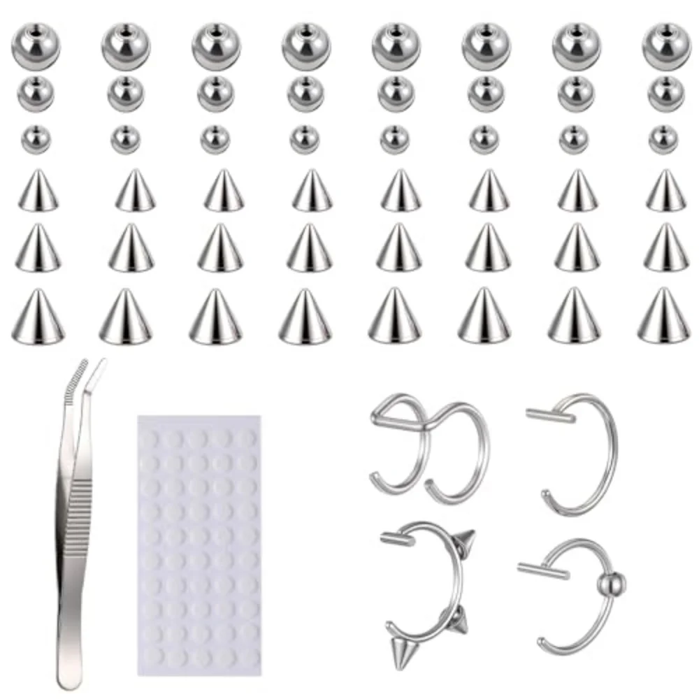 54Pcs Fake Piercing Accessories Set Spikes & Replacement Balls Non‑Pierce Lip Eyebrow Nose Cuffs with Tweezers & Stickers Silver