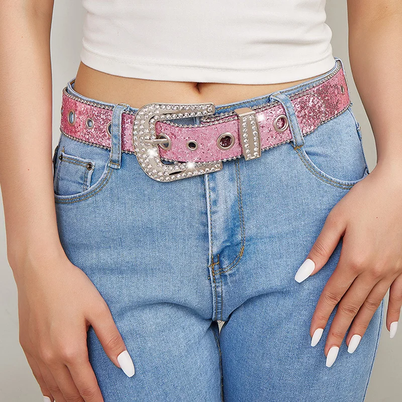 Fashion Sequin Pink Rhinestone Belt for Women Y2K Luxury Designer Pin Buckle Waist Strap Female Jeans Trouser Decor Waistband