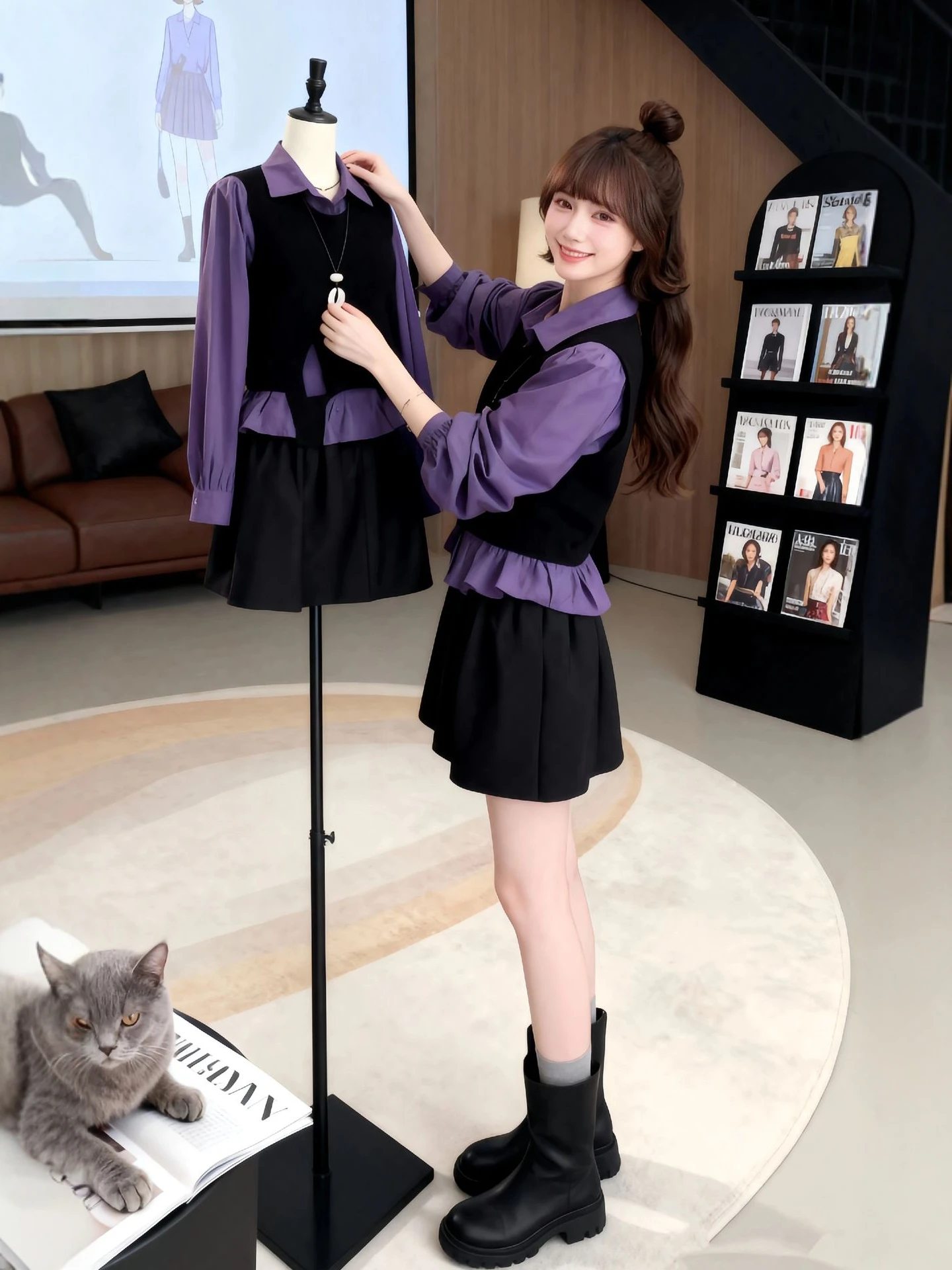 

plus Size Women's Purple Knitted irt And Vest ort Skirt Set Casual Faion Autumn Winter Tee Piece Ensemble for plus Si...