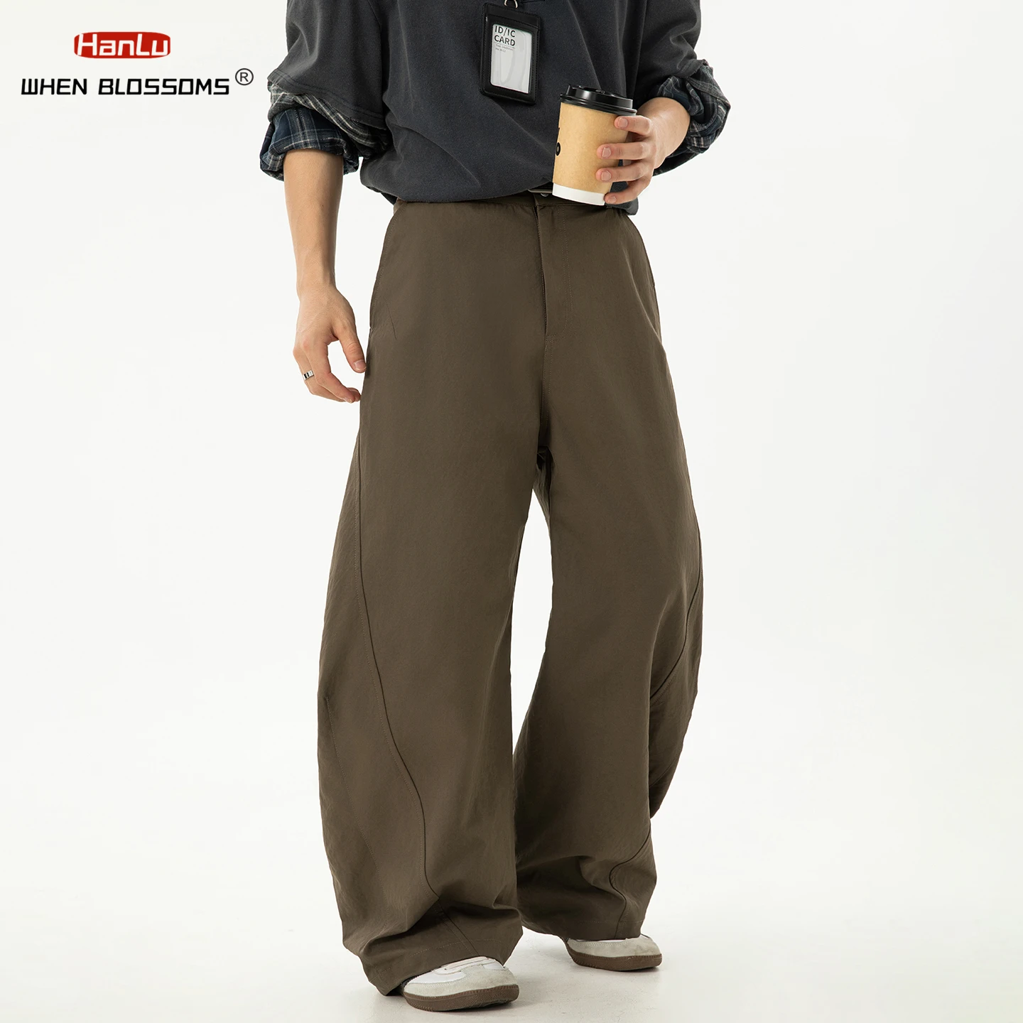 HANGLU 2025 Men's Side Panel J-Cut Trousers Pleated Design Loose Fit Vintage Streetwear Casual Pants