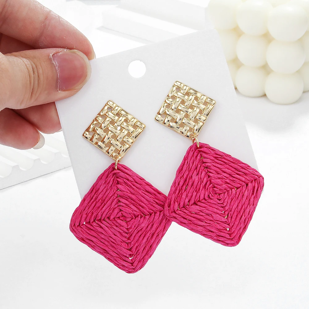 Unique Pink Heart Raffia Earrings Cute Dangle Bohemian Ratten Earrings Statement Handmade Knitting Summer Love Jewelry for Women image 5