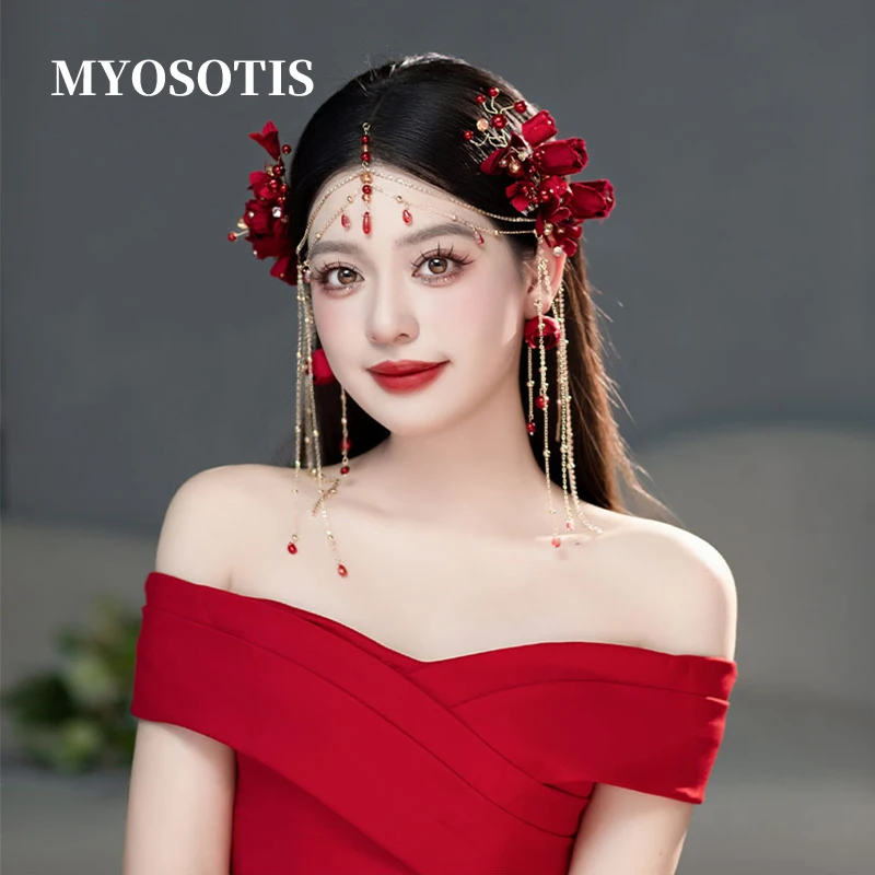 

New Mori Red Flower Bud Hairpin Set Bridal Toast Dress Headwear Wedding Dress Makeup Hair Accessories