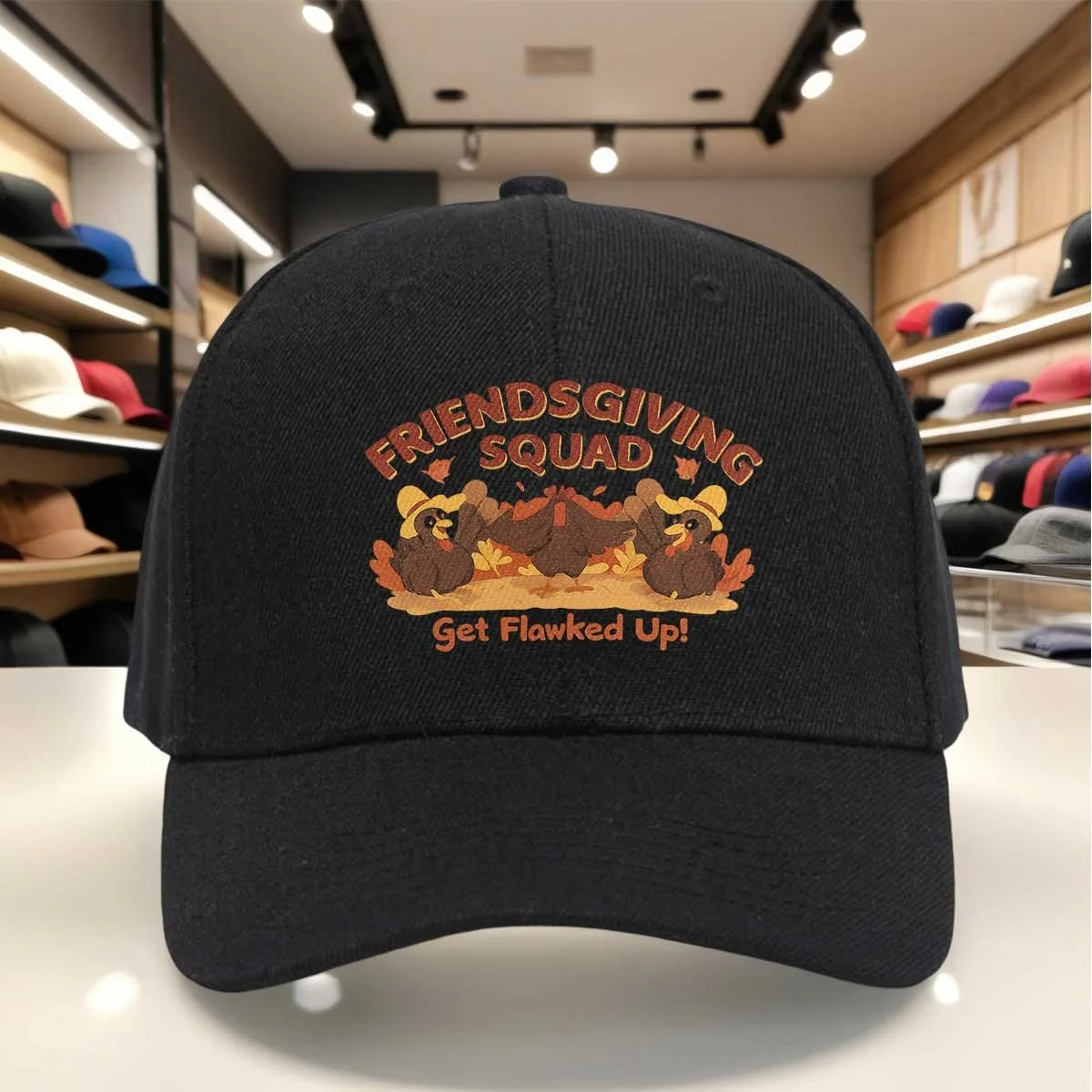 Thanksgiving Turkey Squad Baseball Cap, Fun Cartoon Turkey Pattern Hat with Autumn Leaves, Adjustable Cap for Friendsgiving Gath