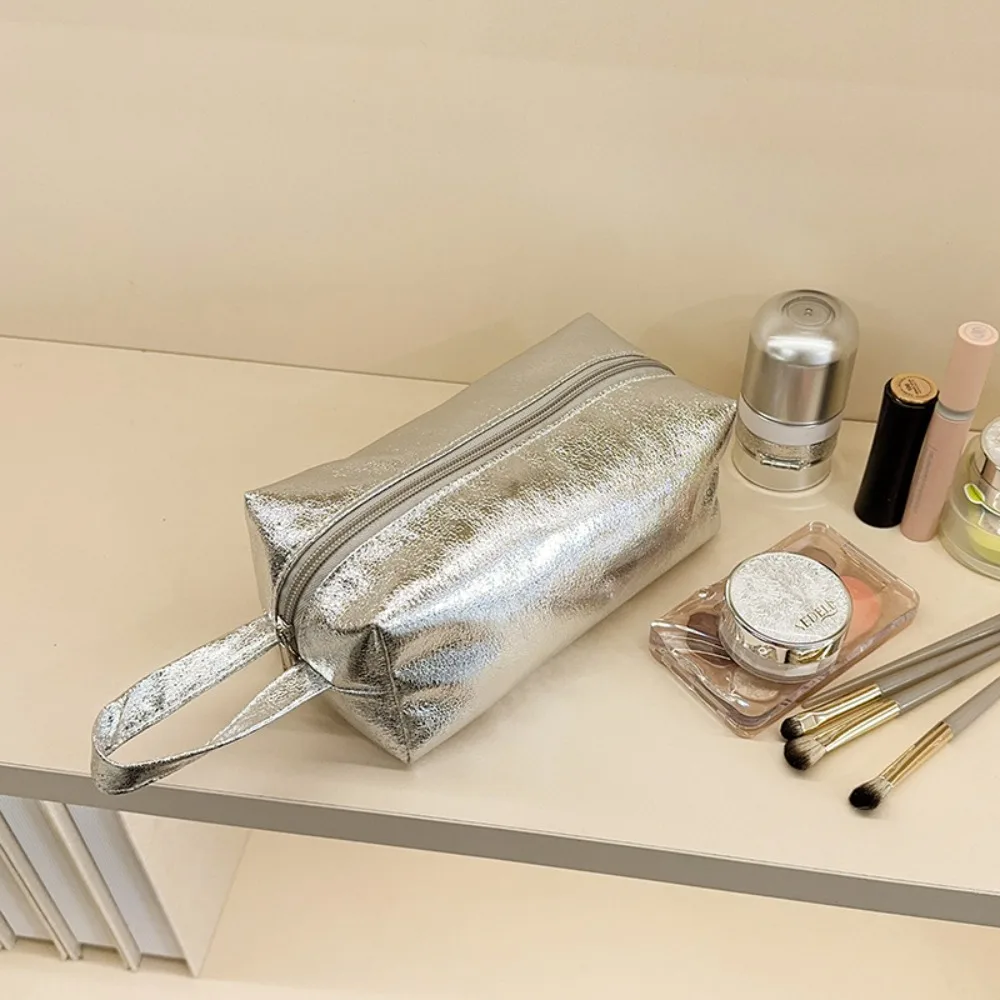 New Shiny Makeup Bag Handheld Large Capacity Cosmetic Bag Solid Color Multi-Purpose Toiletries Skincare Storage Bag Women
