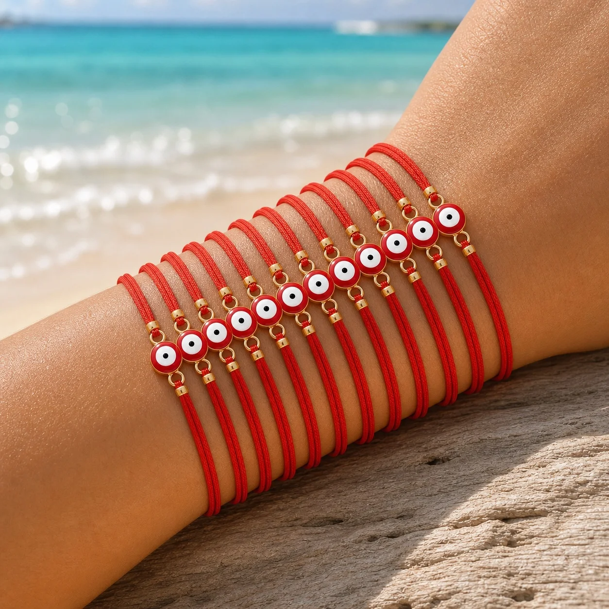 12pcs Red Cord Evil Eye Bracelet Cotton Rope Adjustable Round Charm with Copper Beads Unisex Minimalist Vacation Style