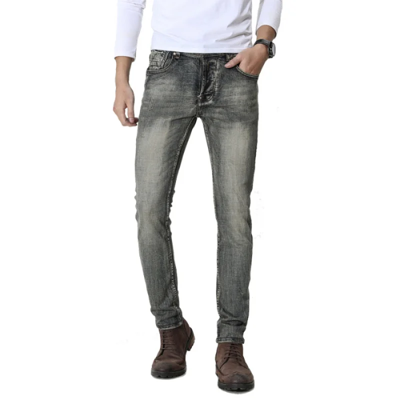 

JXN 617 Denim trousers men's new retro hole Slim small foot paragraph trousers button chain row