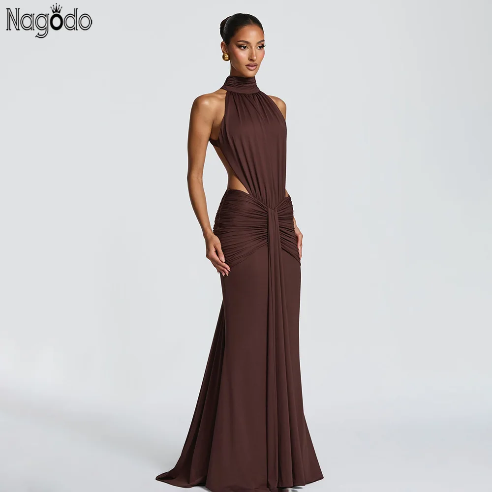 

Nagodo Women Sexy Backless Maxi Dresses Halter Sleeveless Long Cocktail Dress Slim Brown Red Elegant Evening Bodycon Dresses