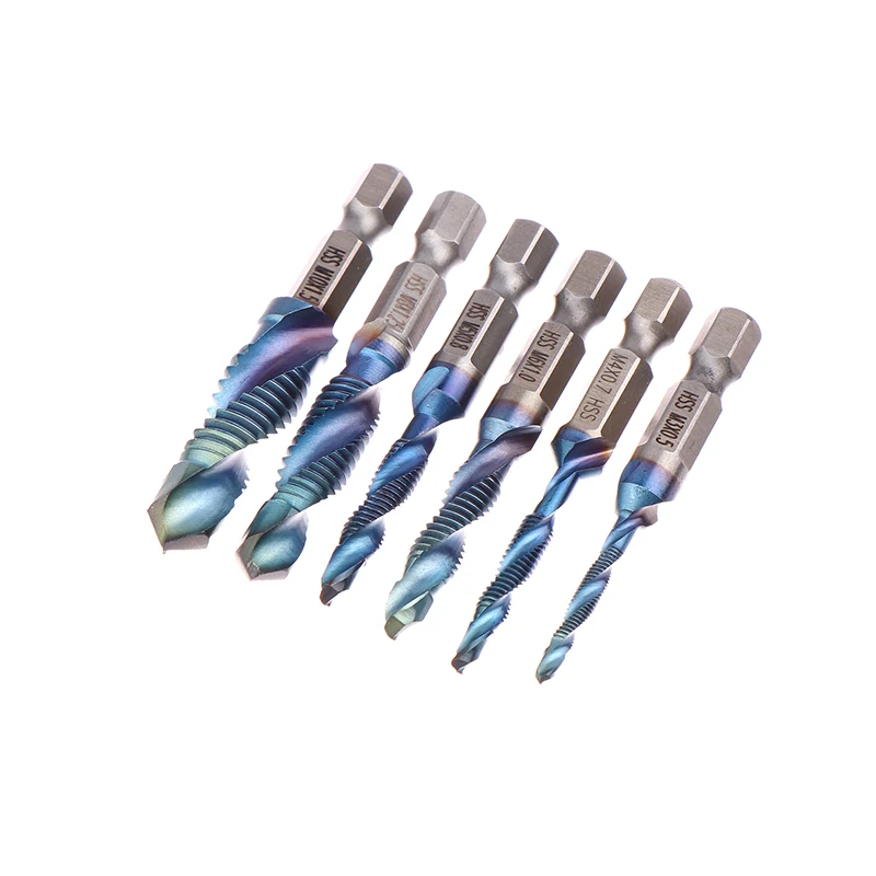 Set di 6 utensili per smussatura fori con gambo esagonale blu corto per foratura e maschiatura del rubinetto integrato
