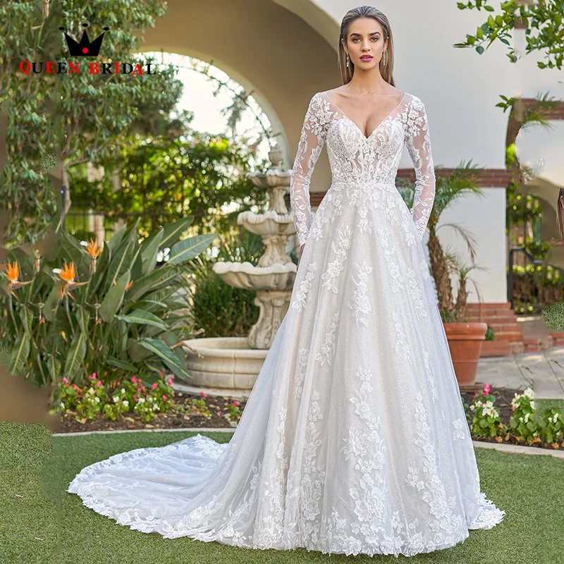 Long Sleeve Elegant Wedding Dresses New Appliques Lace Sequined V Neck Backless Floor-Length Bridal Gown Vestidos De Novia Y86H