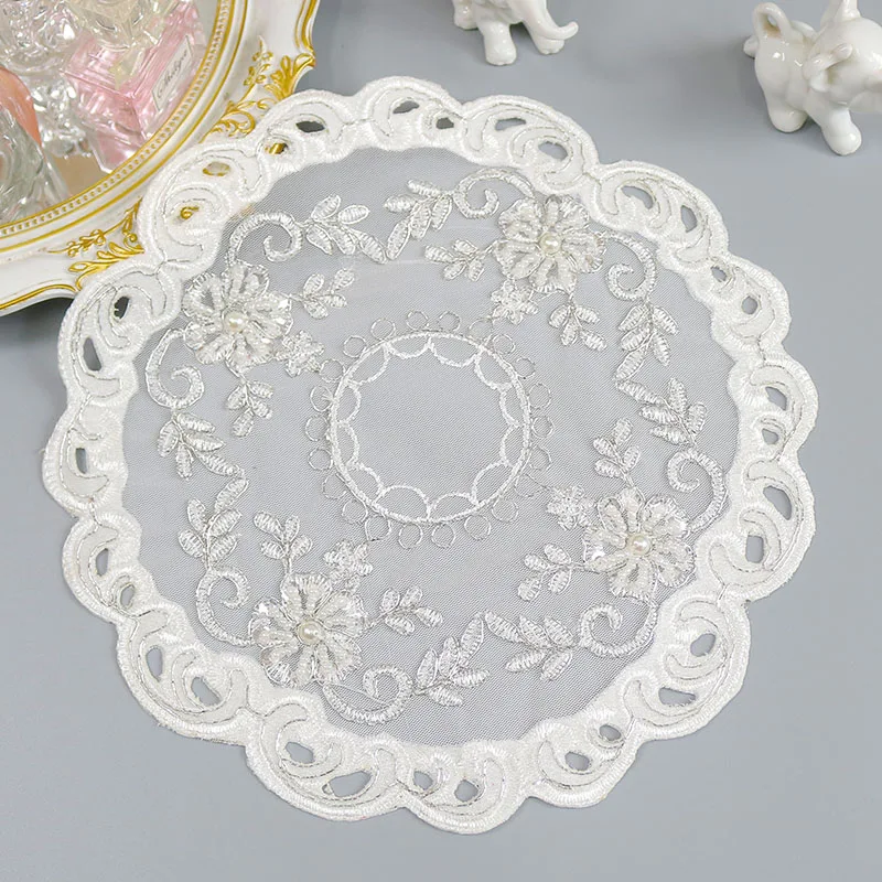 

Europe white beads flowers Embroidery table cloth cover wedding tablecloth kitchen Christmas Table decoration and accessories