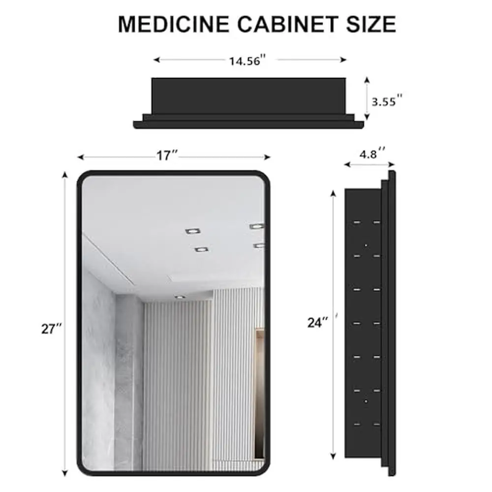 Black Metal Frame Medicine Cabinet Mirror Storage Wall Mounted Recessed Door Soft Close Aluminum Shelves Shelf Adjust