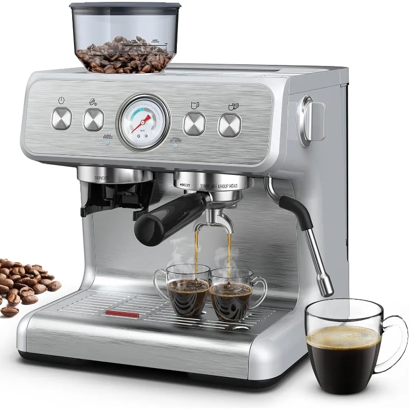 

Espresso Machine Semi-Automatic Espresso Maker with Bean Grinder and Milk Frother Steam Wand Removable Water Tank for Cappuccino