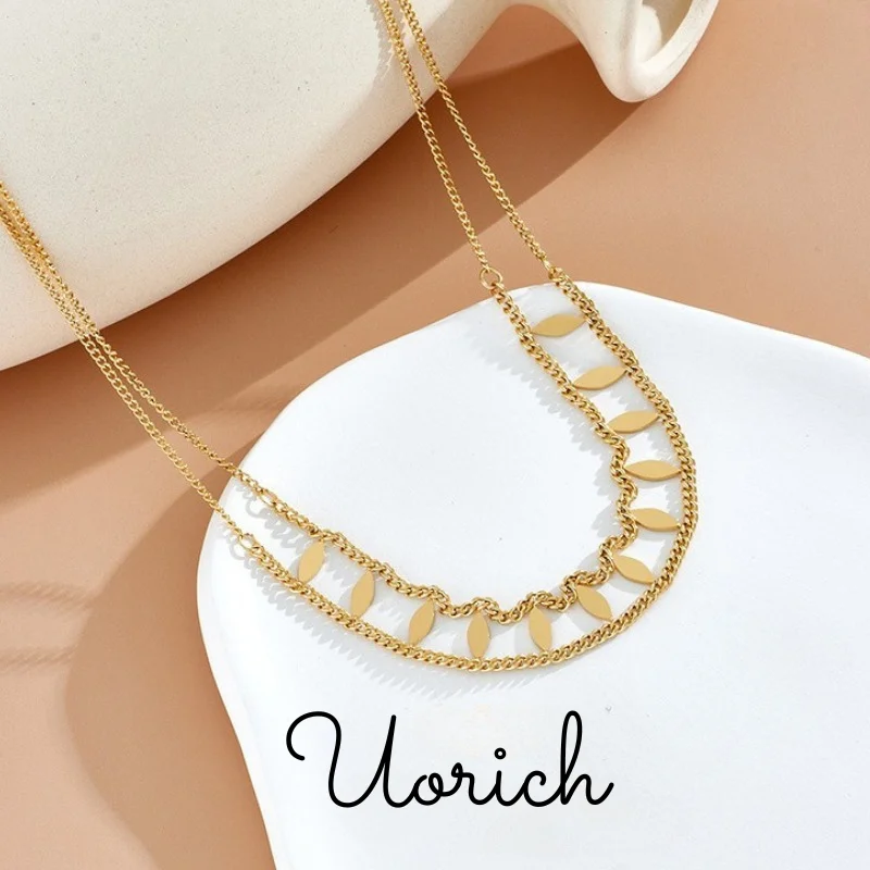 Uorich New Double Layer Rhombus Sequined Necklace for Women  Stainless Steel Gold Plated 18k Advanced Jewelry Banquet Gifts