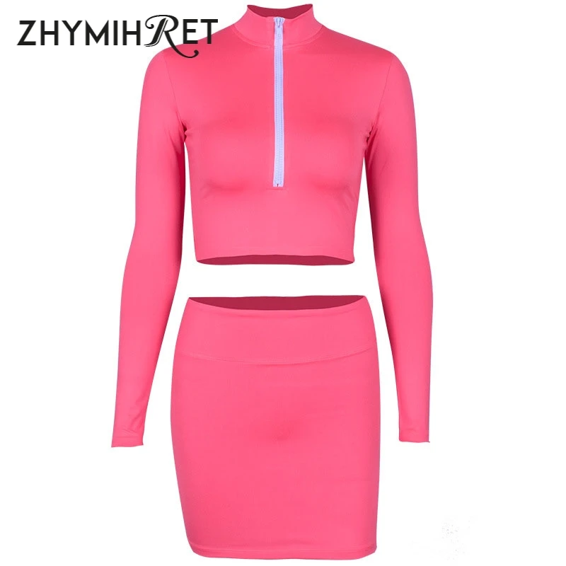 

ZHYMIHRET, 2023 г., сексуальный осенний неоновый цвет, комплект из двух предметов, платье с длинным рукавом, на молнии, юбка-карандаш, мини-юбка, комплект
