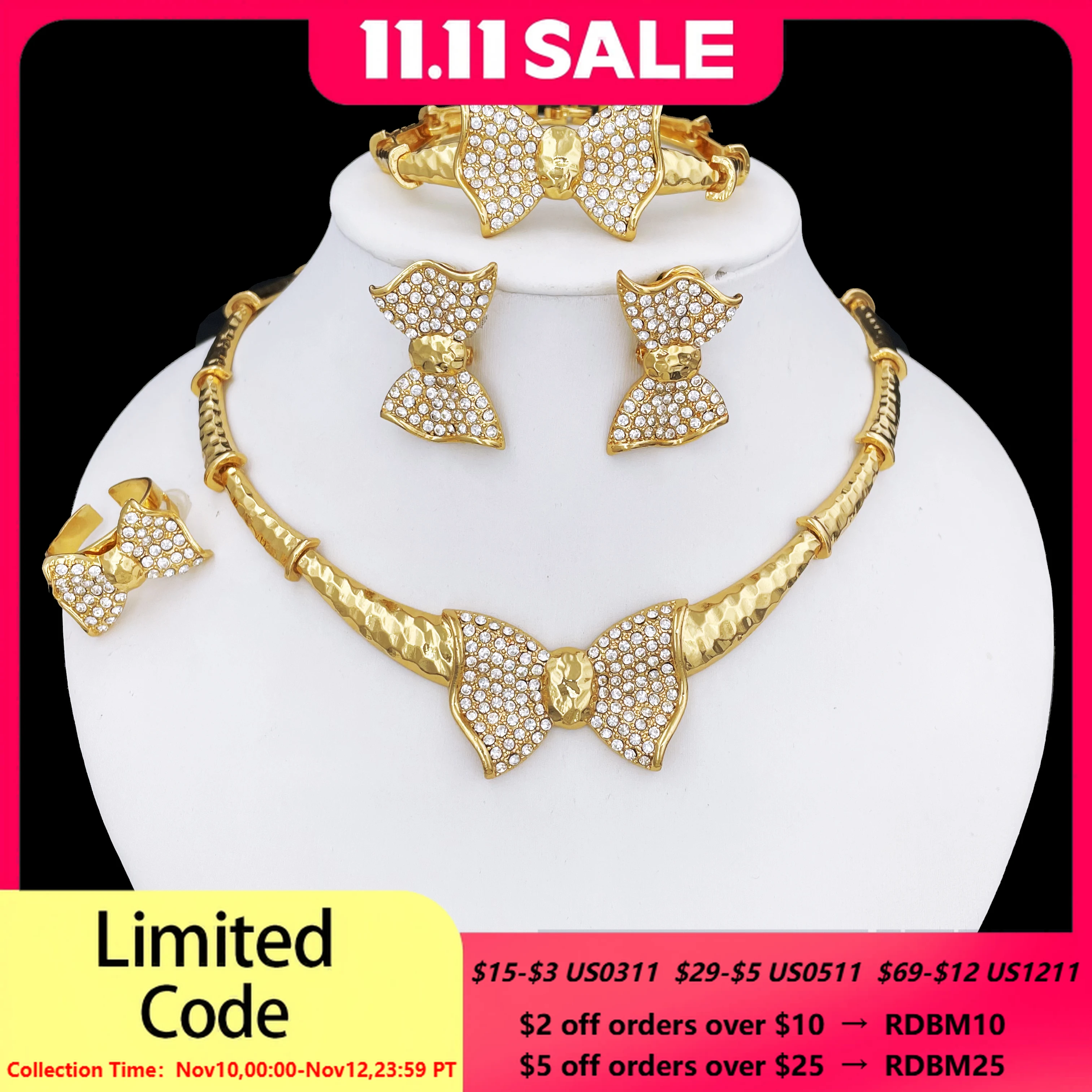 

Classic Design Bow Necklace Earrings Bracelet And Ring 4PCS Jewelry Set For Women 18K Gold Plated Nigeria Trending Wedding Party