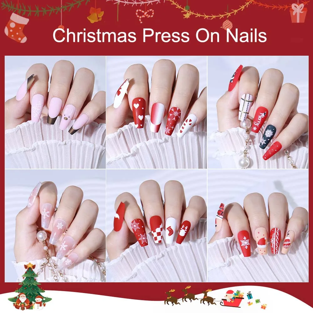 24 قطعة من الأظافر المزيفة المتوسطة الطول لحفلة عيد الميلاد، أطراف اللوز المربعة لعيد الميلاد، هدية ندفة الثلج، اضغط على مجموعة فنية للأظافر الصناعية #3