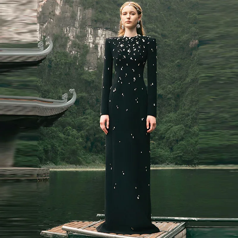 

Spring Elegant Dress Embroidered Flares Diamond Long Sleeve Solid Women's Evening Party Dresses New Fashion Long Maxi Dress