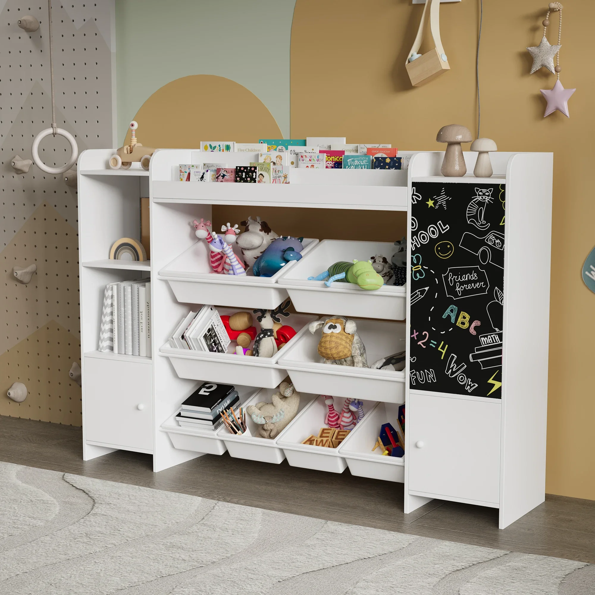 Rosahqnda Kinderbücherregal، Aufbewahrungsregal fazer Spielzeug und Bücher، mit 8 Boxen، mit Tafel، 137 × 30 × 94,5 سم