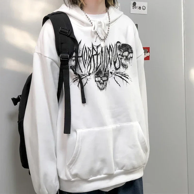 سترات بغطاء رأس للرجال والنساء بطباعة جمجمة قوطية ، بلوزات ثقيلة صخرية من الجرونج ، بلوفرات توبات ، ملابس شارع عالية ، خريف ، شتاء