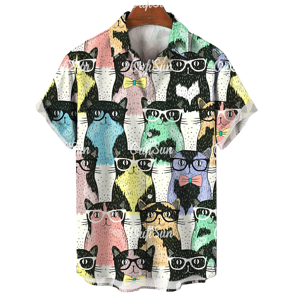 2023 3d Lapel Hawaiian Shirt Man Casual Short Sleeve Anime Shirts Cartoon Men\'s Shirt Summer Men Clothes Street Retro Animal Cat