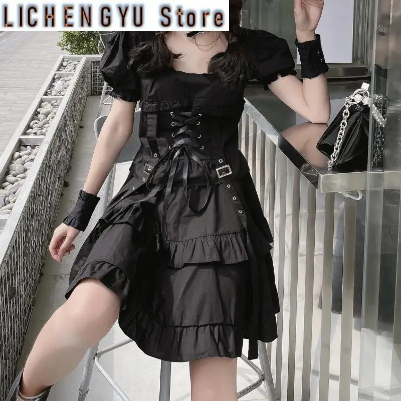 New Summer Women's Gothic Lolita Dress Goth Punk Gothic Girl Harajuku Mall Goth Style Bandage Emo Clothes Mini Dress Spring