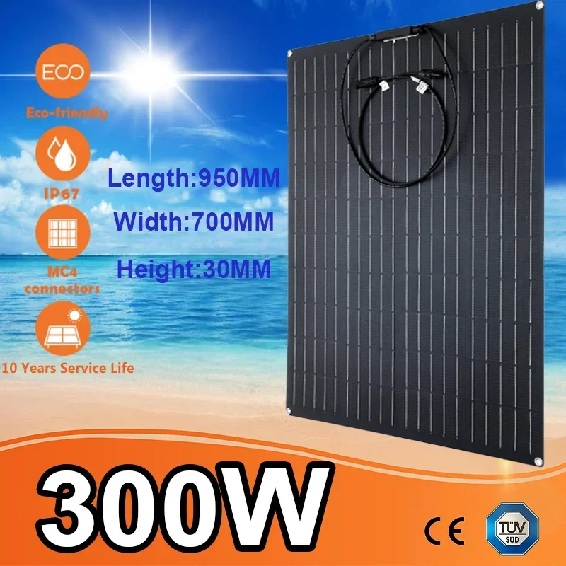 300W Flexible Solar Panel 18V Monocrystalline Solar Cell Power Charger for Balcony Outdoor Camping Yacht Car RV Boat Emergency