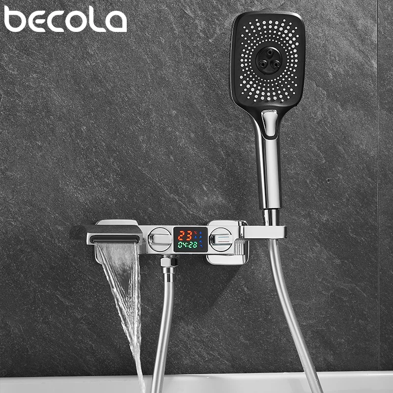 Becola Bathtub Faucet Deluxe LED Digital Display Hand Shower Set Bathroom Hot And Cold Water Mixer Waterfall Faucet Two Function