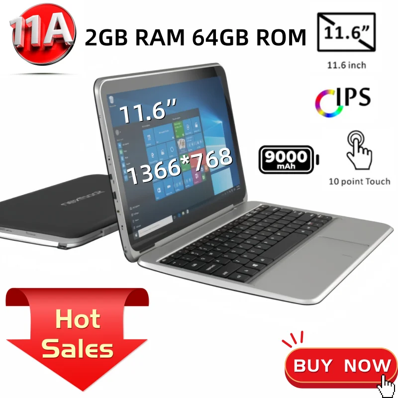 T10 2-in-1 Quad Core 11.6' Windows 10 Tablet With Pin Docking Keyboard Intel Atom X5-8300 CPU 1*USB Port 9000mAH