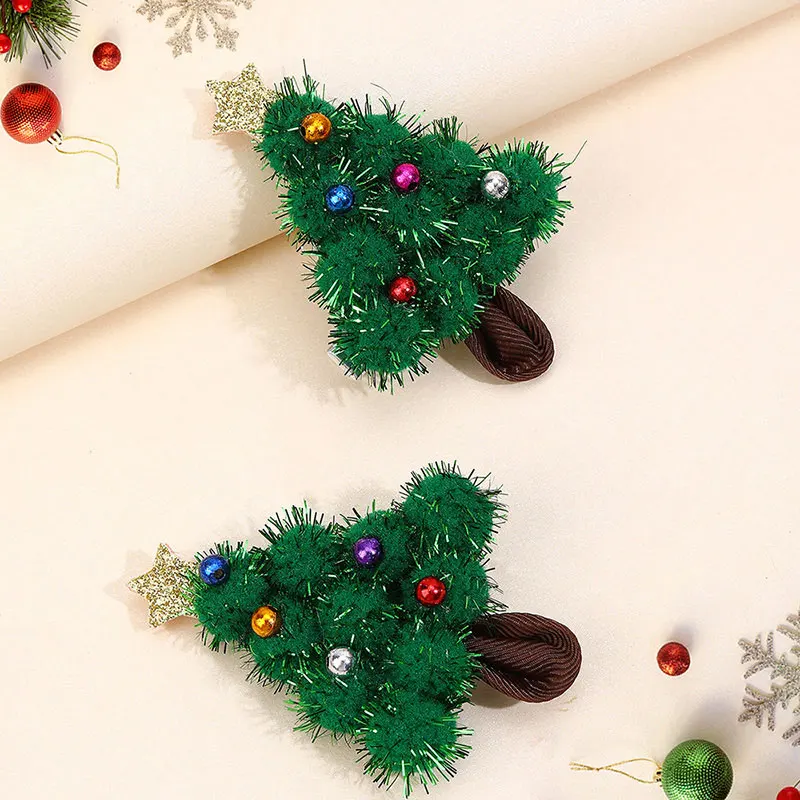 2Pcs Christmas Tree Hairpins Faux Fur Hair Clips For Baby Girls Glitter Bead Barrettes Headdress Kids Headwear Hair Accessories