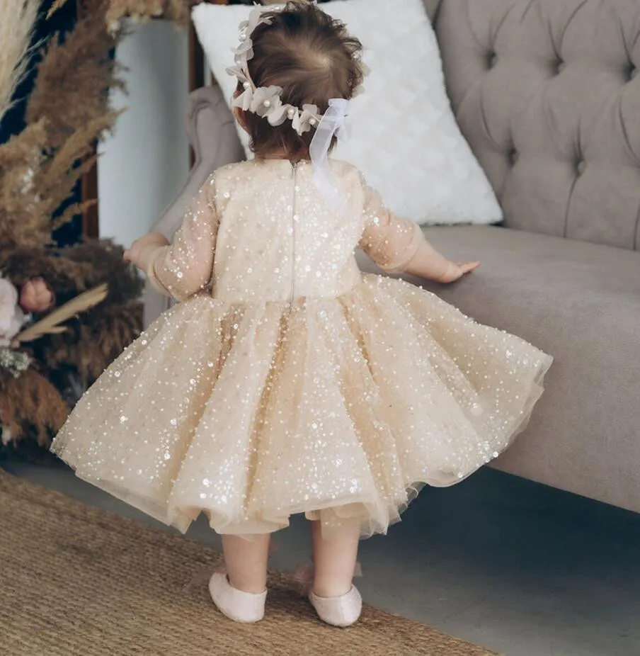 Flower Girl Dress For Wedding Glitter Sequins Champagne Tulle Puffy Full Sleeve Child First Eucharistic Birthday Party Dresses