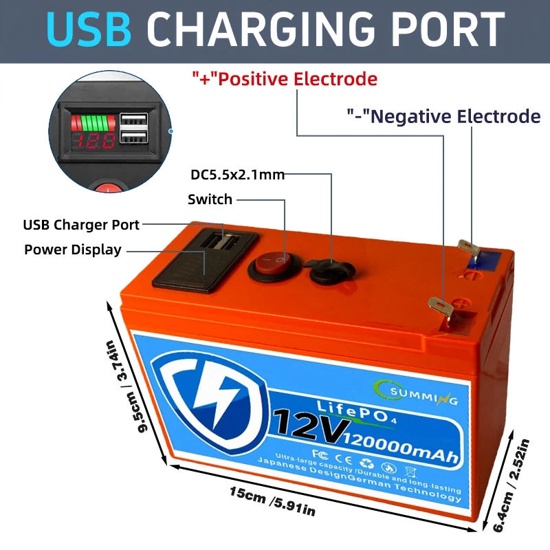 12V Lithium Battery 100Ah Nominal Capacity LiFePO4 1280Wh Battery 100A BMS Solar Portable Rechargeable 25000 Cycles