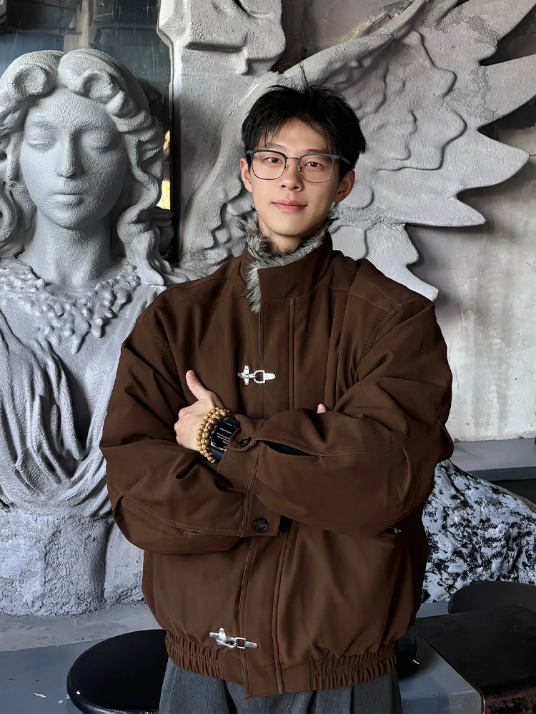 

Thiened Winter Jaet Men's Sle Mountain Eagle Design Brown Leather Plane Bule Cotton Coat Warmth Guaranteed Long ...