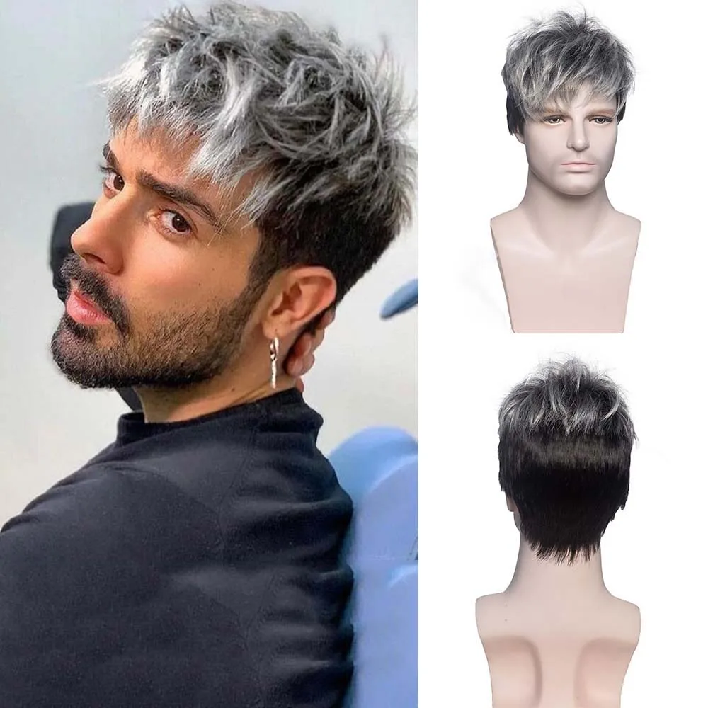 

Synthetic Short Black Mixed Gray Pixie Cut Curly Wig with Bangs for Men Daily Party Cosplay Fake Hair Heat Resistant