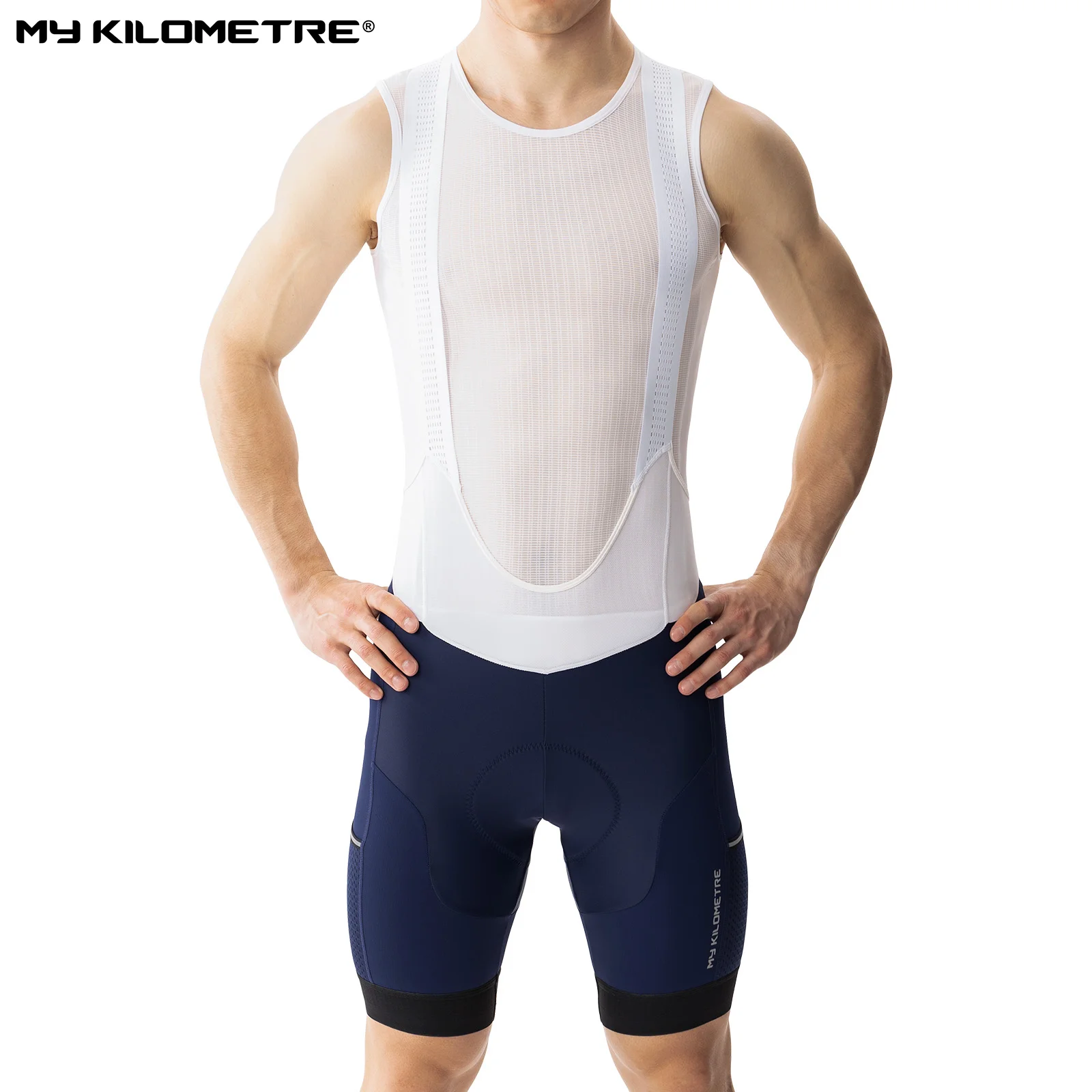 

MY KILOMETRE Men's Cycling Bib Shorts with Padded Chamois - Gravel Road Bike Biking Bib Tights, Leg Pockets, Black/Blue
