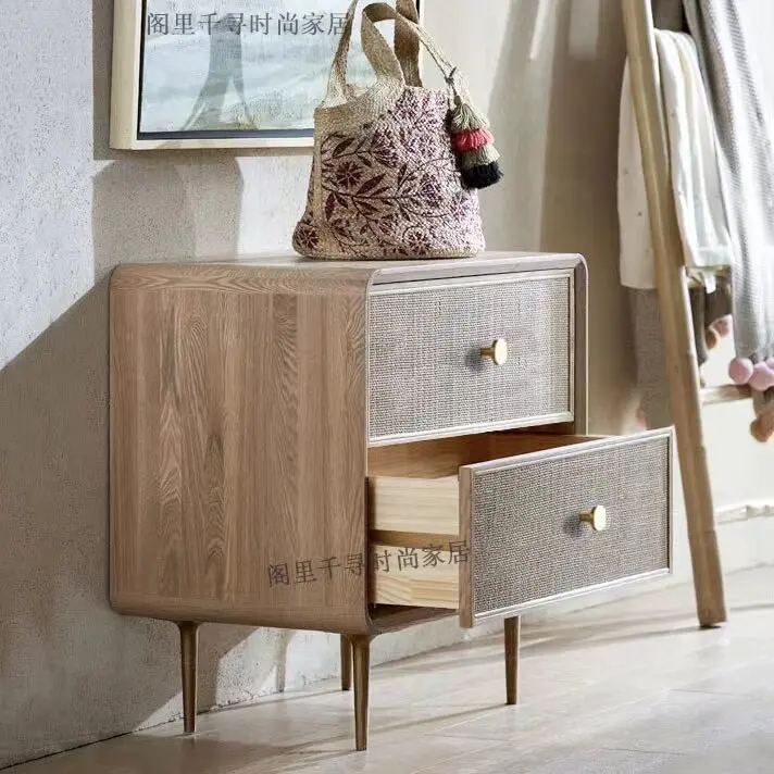 HYS Nordic solid wood bedside table rattan wabi-sabi wind sofa side cabinet American retro light luxury bed and breakfast drawer