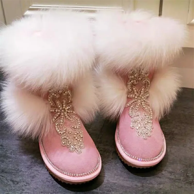 Fox hair boots Handmade custom winter rhine-diamond plus fleece warm boots beaded fur boots women\'s large size 35-44