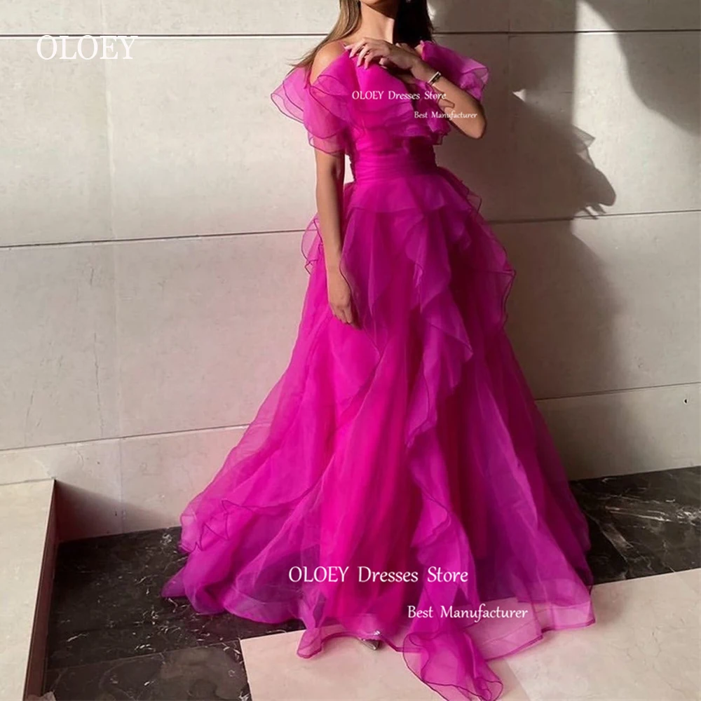 Oloey 2023 Fushcia Fuschia Organza Lange Prom Jurken Ruches Mouwen Vloer Lengte Prinses Avondjurken Formele Feestjurk