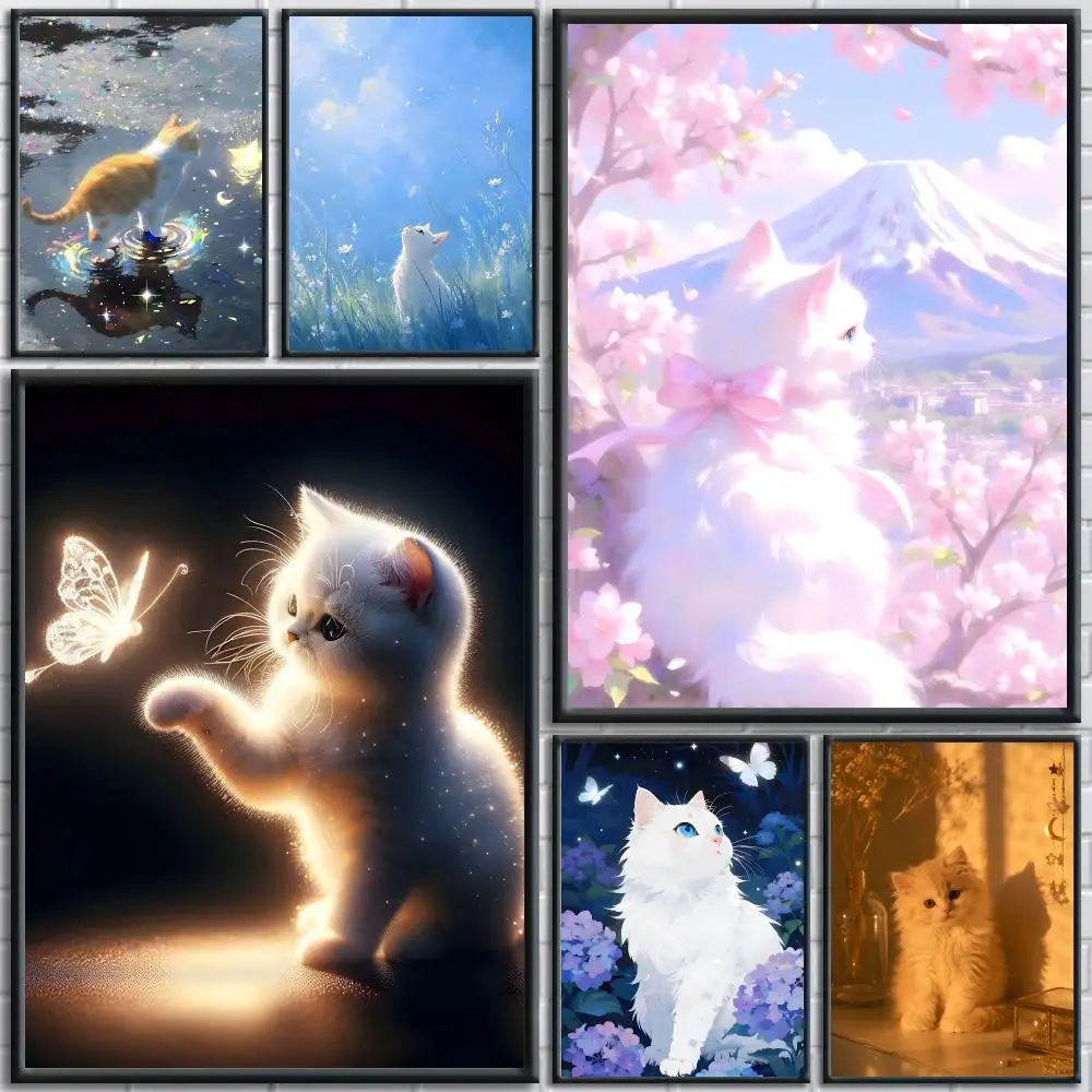 Lovely Glowing Kitten Shining Poster Modern Aesthetic Wall Art Print Minimalist Poster Bedroom Living Room Home Decor Gift