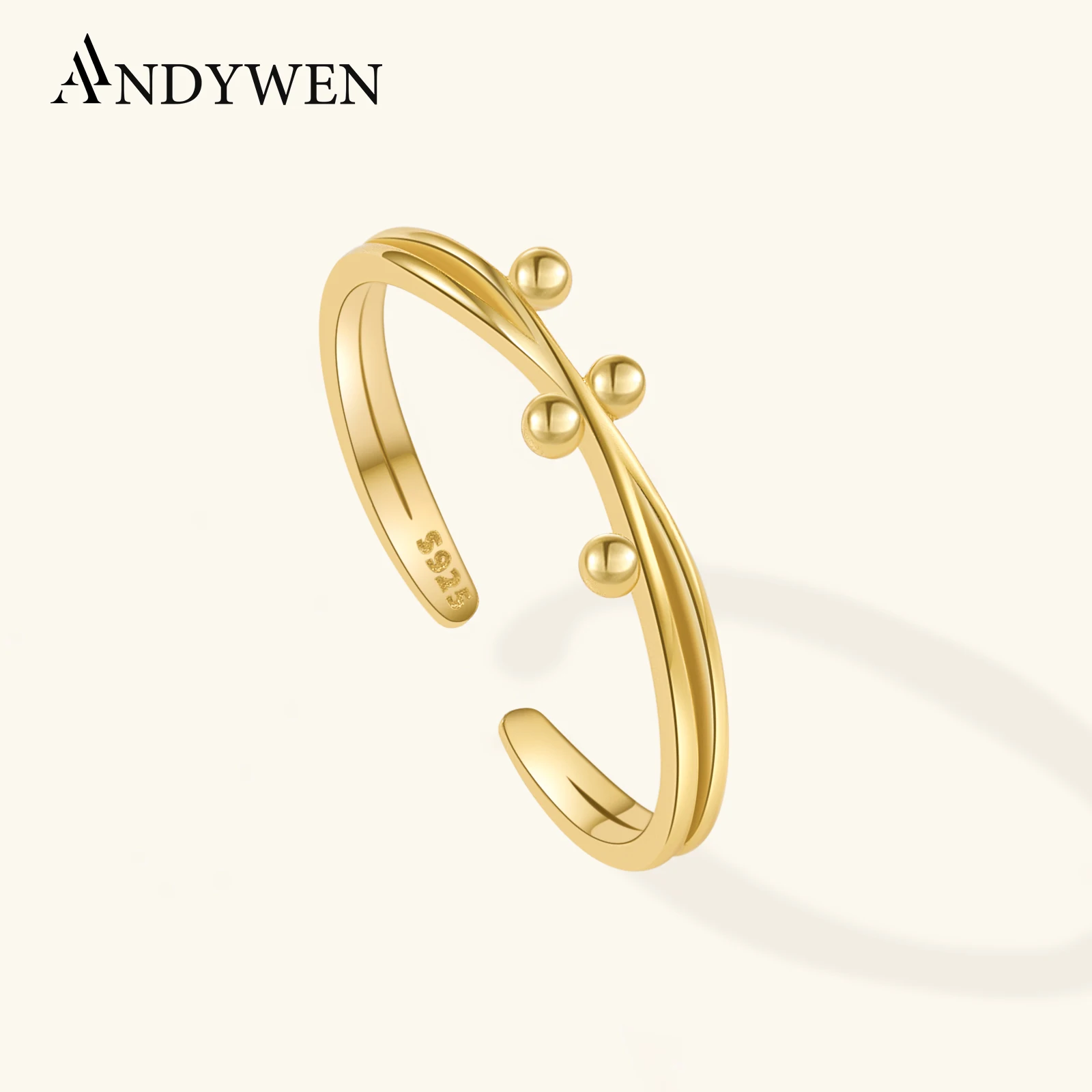

ANDYWEN 925 Sterling Silver Gold Bead Asymmetric Adjustable Open Ring Regular Slim Luxury Simple Women Wedding Jewelry Gift