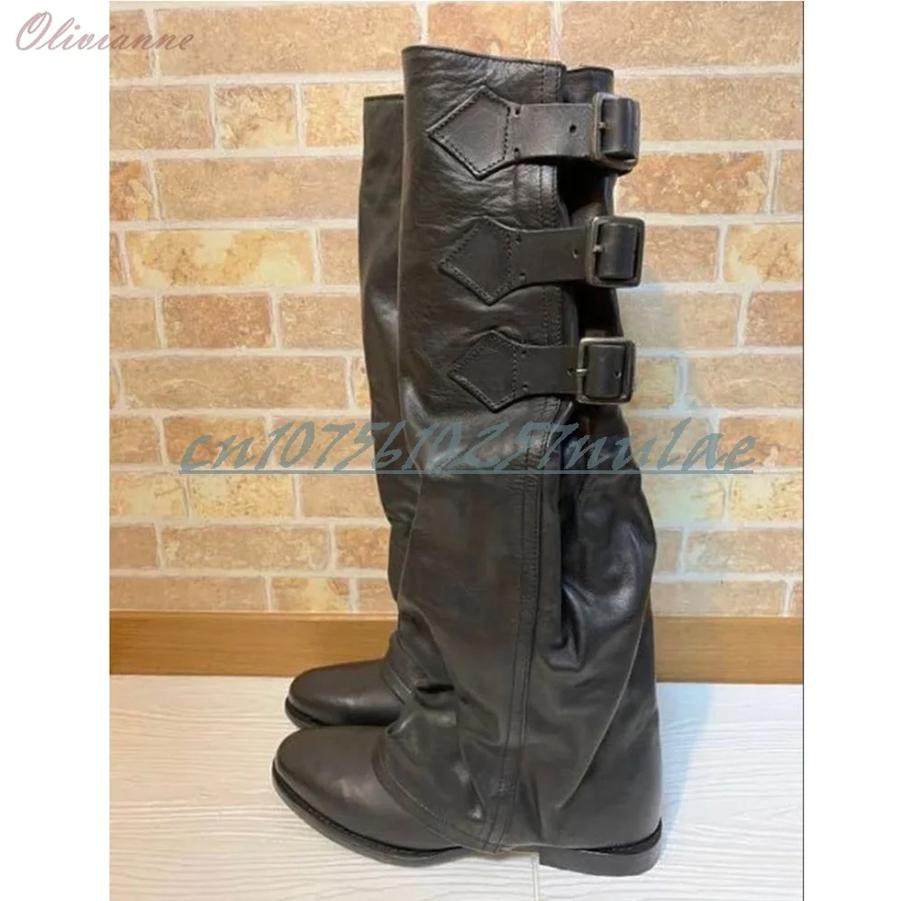 

Black Buckle Belts Strap Flat with Mid Calf Boots Cool Style Casual Matte Leather Fashion Women Shoes 2026 Zapatos Para Mujere