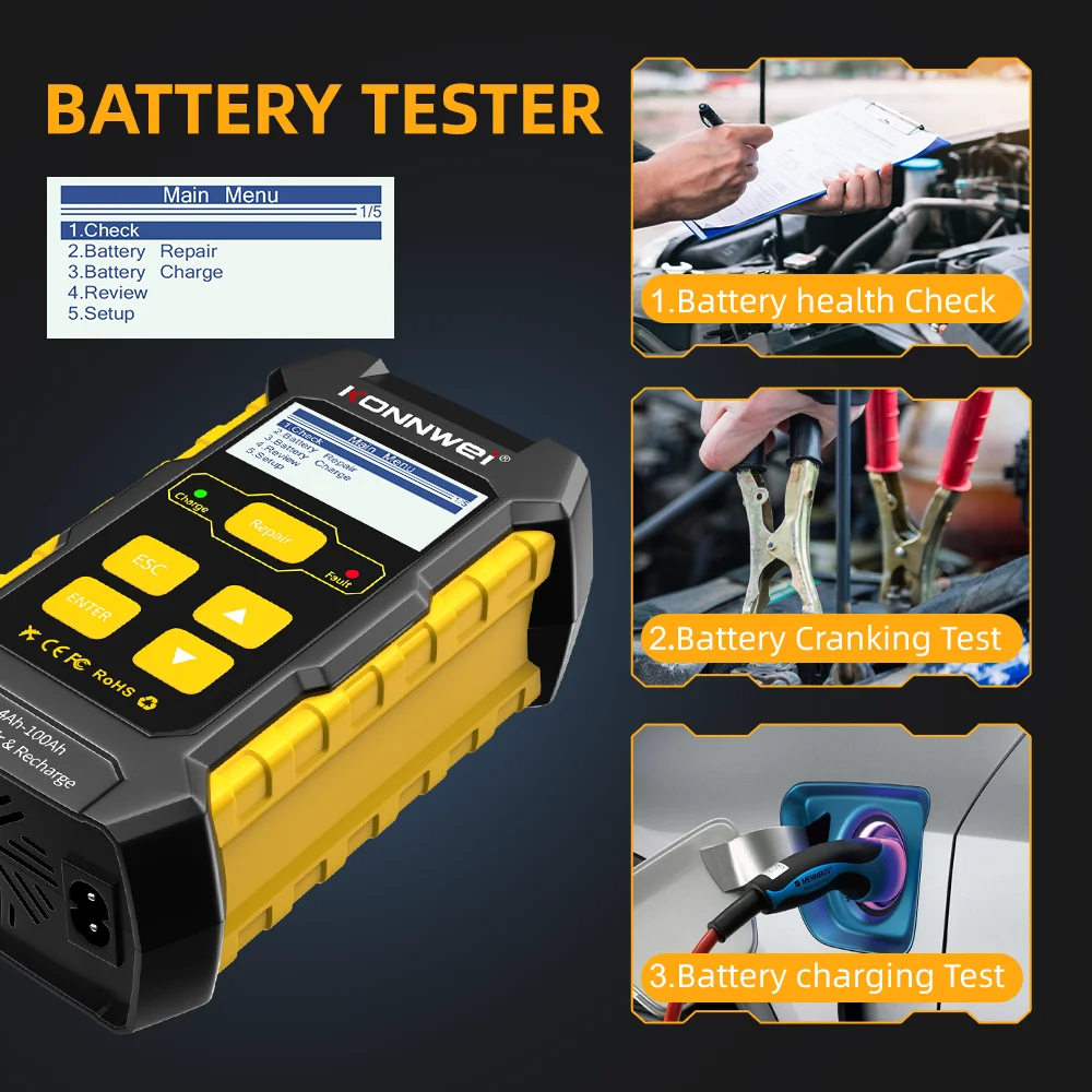 KONNWEI KW510 Car Battery Tester Full Automatic 12V Pulse Repair 5A Battery Chargers Cranking AGM Gel Car Repair Tool PK BM550