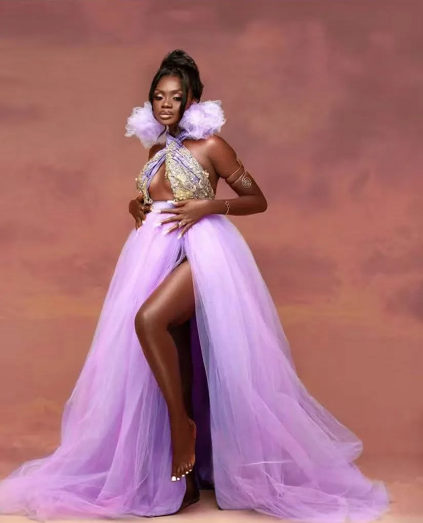 Lavender Maxi Dress Applique Details Sexy High Split New Couture Women Dresses with Earrings Tulle Balls Design A Line Prom Gown