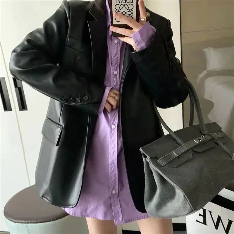 

Spring Autumn Ladies Fashion Faux Leather Coat Korean Feminine Long Sleeves Leather Jacket 2025 Women Casual PU Leather Outwear