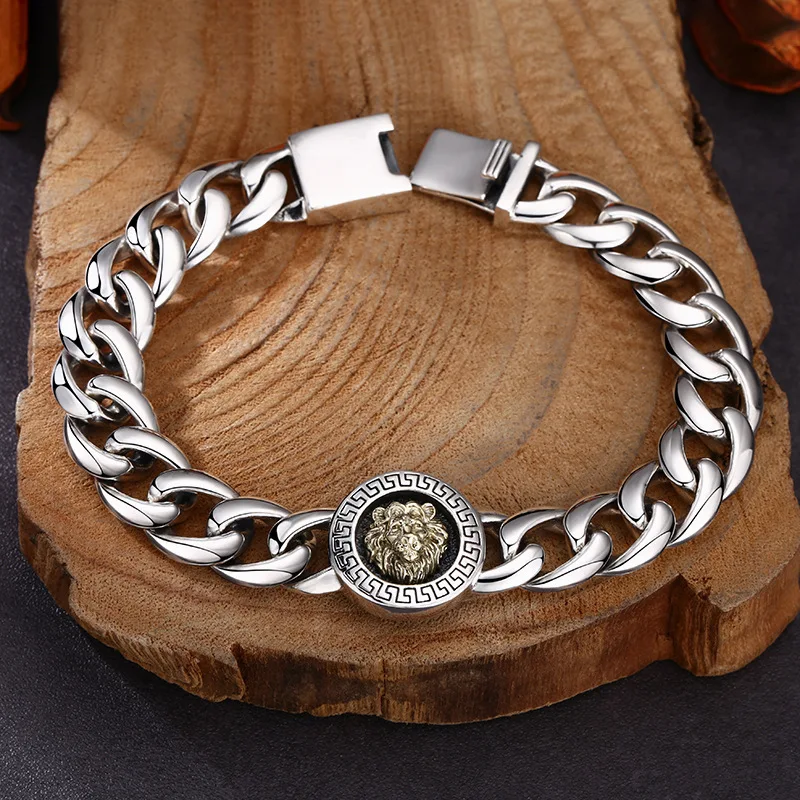 Retro Punk S925 Sterling Silver Mens Bracelet Thick Curb Cuban Chain Two-tone Lion Head Round Charm Male Wristband Jewelry 2