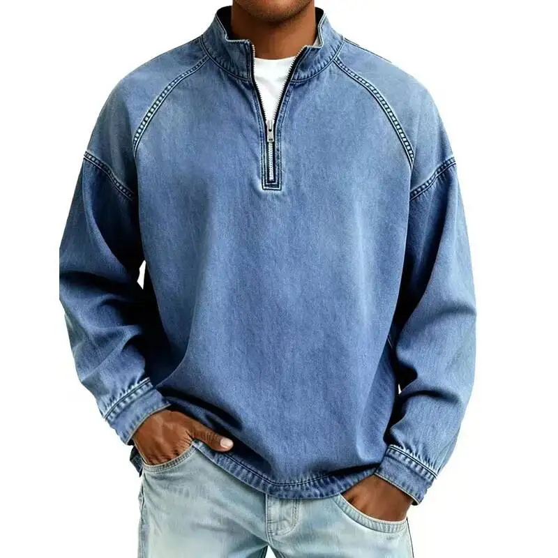 

Autumn New Mens Pullovers Sweatshirts Zipper Stand Solid Top Heavyweight Distressed Washed Denim Casual Hoodie For Men Clothing