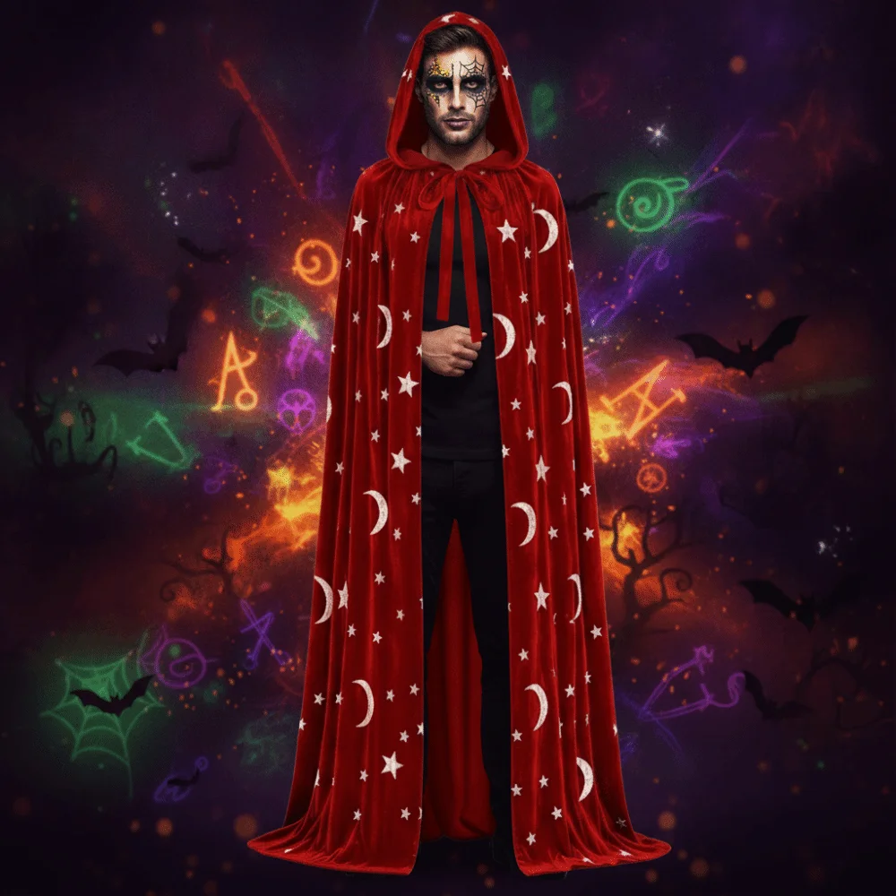 Tie Up Closure Velvet Hooded Cloak Soft Fabric Foil Printed Star Moon Cape Rich Texture with Hood Gothic Party Apparel