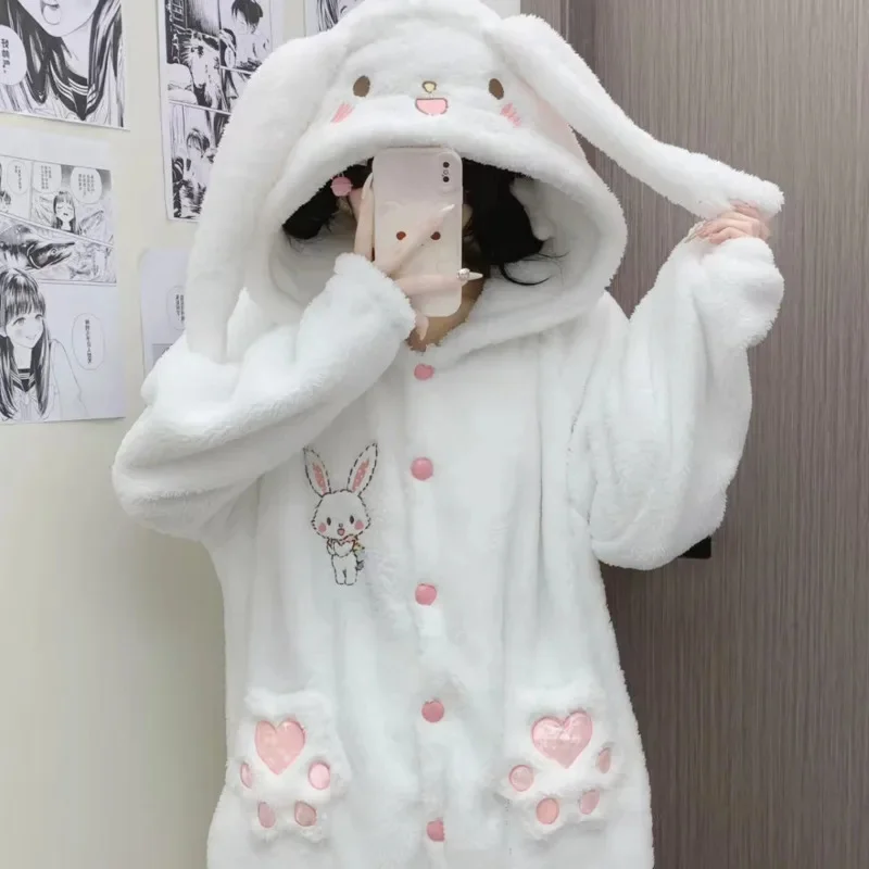 

Rabbit Pajama 3D Ugly Wishing Women Winter Funny Ins Cat Claw Coral Velvet With Thick Plush Cute Rabbit Long Robe Pajama Set New